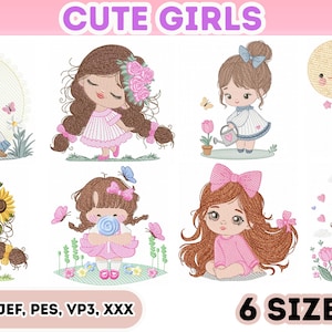 Pode incluir: Coleção de designs bordados com meninas fofas em várias poses. Os designs incluem meninas com flores, borboletas e balões. O texto "CUTE GIRLS" e "6 SIZES" são exibidos. Formatos de arquivo: DST, EXP, JEF, PES, VP3, XXX.