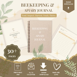Puede incluir: Un diario digital de apicultura y colmenar con más de 30 páginas. El conjunto incluye una portada en espiral, una página de título y una hoja de registro. El texto incluye Beekeeping & Apiary Journal, Tend. Inspect. Harvest. Track. Thrive. e Instant Download.