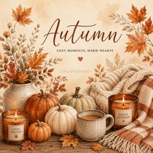 Pode incluir: Uma impressão decorativa com tema de outono apresentando o texto Autumn, Cozy Moments, Warm Hearts e UrbanWallPrintsCo. A imagem exibe um vaso com folhagens de outono, abóboras laranjas e brancas, uma caneca e uma vela com rótulo.