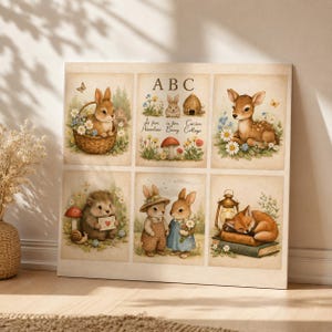May include: A canvas print featuring six panels with watercolor illustrations of woodland creatures. The panels include a bunny in a basket, a fawn, a hedgehog, two bunnies, and a sleeping fox. Text includes "ABC" and "A is for Adventure Bunny Cottage."