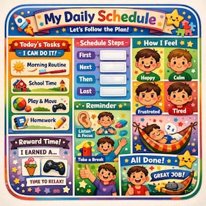 Pode incluir: Um quadro de horário diário colorido para crianças com o título "My Daily Schedule". O quadro inclui seções para tarefas, etapas do cronograma, sentimentos, lembretes e recompensas. O texto "I CAN DO IT!" também é visível.