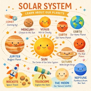 以下が含まれることがあります： 太陽系のカラフルな教育ポスター。惑星、太陽、彗星、ロケット、望遠鏡のイラストが特徴です。テキストには、惑星名や「地球、私たちの故郷の惑星」などの事実が含まれています。