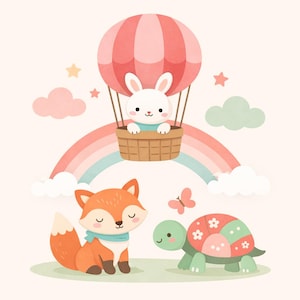 Può includere: Un'illustrazione fantasiosa con un coniglio in mongolfiera, una volpe con una sciarpa blu e una tartaruga con guscio floreale. Un arcobaleno attraversa lo sfondo, con stelle e nuvole che aggiungono alla scena giocosa.