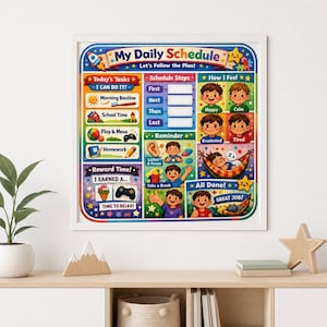 May include: A colorful My Daily Schedule chart featuring sections for Today's Tasks, Schedule Steps, How I Feel, and Reward Time. The board includes illustrations of children, icons for daily activities, and text labels to help track routines.
