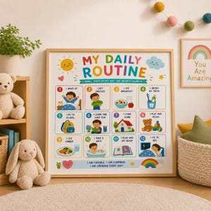 May include: A rectangular wall poster titled My Daily Routine featuring twelve numbered colorful illustrations depicting daily activities like waking up, eating, and bathing, with the text Small Steps Every Day, Big Growth Always and I Am Capable.