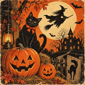 Puede incluir: Una ilustración de Halloween de estilo vintage con un gato negro con un lazo naranja sentado sobre una calabaza grande. Incluye una calabaza más pequeña, un farol encendido, una bruja volando en una escoba y una casa encantada.