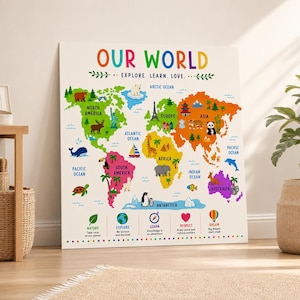 Homeschool Geography Poster, World Map For Kids, Educational Wall Art, World Map For Homeschooling , Montessori Learning, Kids Map Print