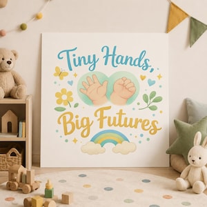 Nursery Wall Art, Printable Tiny Hands Big Futures, Baby Room Decor, Pastel Kids Poster Minimalist, Gender Neutral Quote, Playroom Chart
