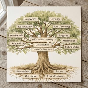 May include: Watercolor illustration of a tree with roots and branches. The tree's branches hold labels with words like "Confidence," "Curiosity," and "Love of Learning." The roots display words such as "Independence" and "Respect."