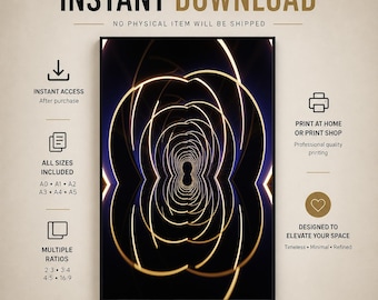 Solar Current Abstract Light Tunnel Art – Black Gold Geometric (Digital Download)