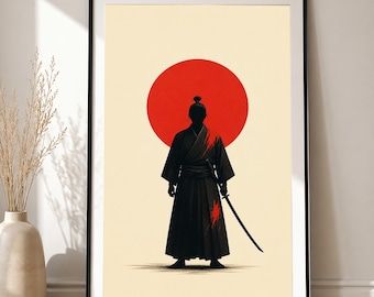 Silent Ronin – Japanese Samurai Wall Art Print, Minimal Red Sun Poster (Giclée)