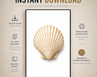 Seashell Wall Art – Minimal Coastal Bathroom Decor Print (Giclée)