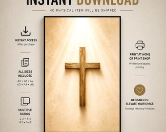 Rustic Wooden Cross Print | Christian Farmhouse Wall Art, Beige Poster (Digital Download)