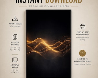 Golden Drift Abstract Light Wave Art – Black Gold Minimalist Print (Digital Download)