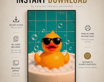 Funny Rubber Duck Bathroom Print, Retro Sunglasses Bath (Digital Download)