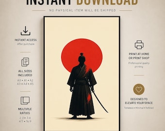 Silent Ronin – Japanese Samurai Wall Art Print, Minimal Red Sun Poster (Giclée)