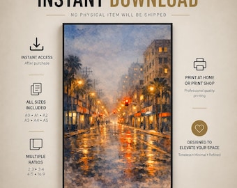 Los Angeles After Hours – California Night Street Watercolor Wall Art Print (Digital Download)