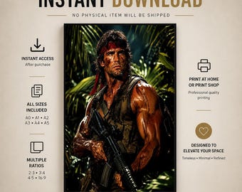 80s Jungle Soldier Poster, Retro Action Movie Art, Military Style Print (Digital Download)