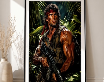 80s Jungle Soldier Poster, Retro Action Movie, Cinematic Military Wall Art (Archival Giclée)