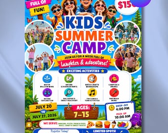 Editable Kids Summer Camp Flyer Template, Kids Summer Activities Club Flyer, Summer Poster, Summer Event Flyer, Canva Editable