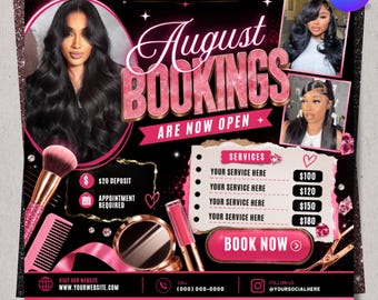 August Nails Special Flyer, August Books Open Flyer, August Hair Booking Flyer, Wig Install Booking Flyer, Canva Editable (Digital Download)