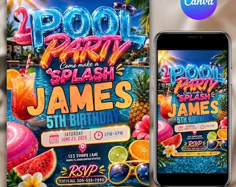 Pool Party Birthday Invitation, Pool Party Birthday, Pool Party Invite, Girls Teenage Birthday, Summer Pool Party Invite, Canva Editable