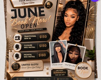 June Booking Flyer | Summer Booking Flyer | Hair, Braids, Nails, Lash, Makeup & Wig Install Canva Template | Editable Appointment Flyer