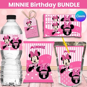 May include: A Minnie Mouse themed birthday party bundle featuring a water bottle with a pink striped label, a thank you tag, a candy bar wrapper, a chip bag, and a juice pouch. All items feature pink and white stripes, polka dots, and Minnie Mouse.