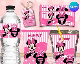 Minnie Mouse Party Favor Bundle Template, Minnie Birthday Canva Bundle, Chip Bag Water Bottle Juice Pouch Favor Tags