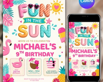 Fun in the Sun Birthday Invitation, Beach Theme Kids Party Invite, Editable Canva Template, Digital Summer Birthday Download