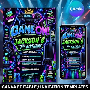 Gamer Birthday Invitation, Level Up Birthday Party Invite, Gaming Birthday Invitation, Video Game Party Invite, Editable Canva Template