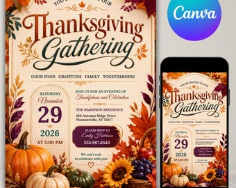 Editable Thanksgiving Invitation Template, Watercolor Pumpkin Autumn Invite, Printable Friendsgiving Dinner Card, Canva Instant Download
