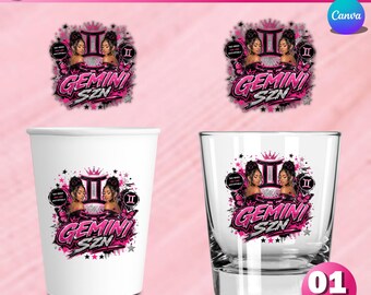 Gemini SZN Cup Shot Glass Template, Gemini Custom Photo, Zodiac Signs, Birthday Party Favor Sticker, Gemini Season Birthday Cup, DIY Canva