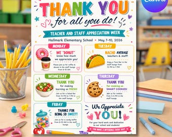 Teachers and Staff Appreciation Week Event Flyer, Teacher & Staff Appreciation Schedule Itinerary, PTO PTA Event, Editable Canva Template