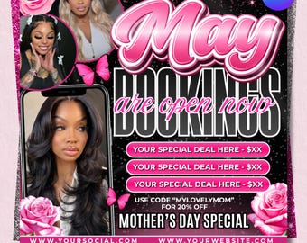 May Booking Flyer, Mothers Day Booking Flyer, May Hair, May Books Open, May Appointment Flyer, May Book Now, May Lashes Nail Braid Wig Flyer