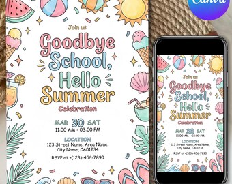 Summer Party Invitation Goodbye School Hello Summer Editable Kids Template