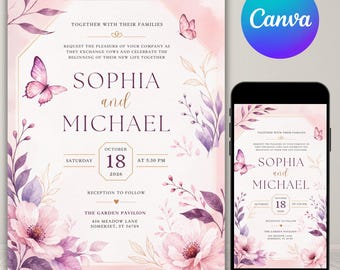 Floral Wedding Invitation, Editable Canva Wedding Template, Purple Butterfly Wedding Invite, Digital Download, Printable DIY Wedding Invite