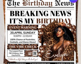 Newspaper Birthday Invitation, Leopard Print Glam Party Evite, Social Media Flyer Template, Digital Birthday Dinner Invite, Canva Editable