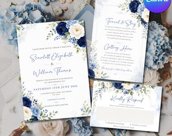 Blue Floral Wedding Invitation Suite, Elegant Hydrangea Wedding Invite, Boho Floral Wedding Invite Suite, Instant Download, Canva Editable