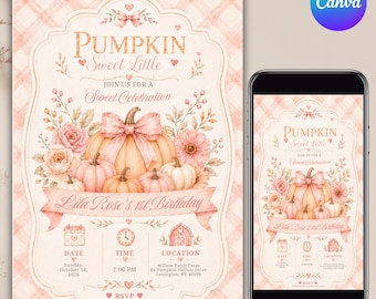 Our Little Pumpkin is Turning One Invitation, Pumpkin 1st Birthday Invite, Little Pumpkin First Birthday Invitation, Pink Pumpkin Invitation