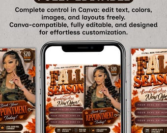 September Booking Flyer, September flyer, Fall Booking Flyer, September Books Open, Wig Install, Lash Nail Braids Flyer, Editable in Canva
