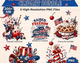 Americana 4th of July Clipart Hand Drawn Patriotic Sketch PNGs, Rustic Farmhouse (5 PNG)