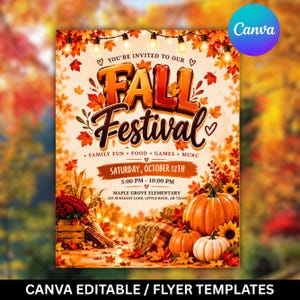 Może przedstawiać: Ulotka na festiwal jesienny z pomarańczowymi i czerwonymi liśćmi, girlandami świetlnymi i dyniami. Tekst głosi: YOU'RE INVITED TO OUR FALL FESTIVAL, FAMILY FUN FOOD GAMES MUSIC, SATURDAY, OCTOBER 12TH, 5:00 PM - 10:00 PM, MAPLE GROVE ELEMENTARY.