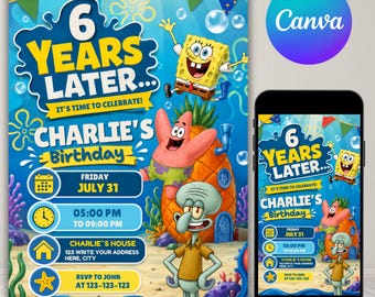 Sponge Birthday Invitation | Under the Sea Birthday Invite | Editable Cartoon Party Template | Canva Invitation | Instant Download