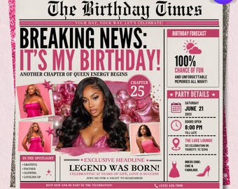Newspaper Birthday Flyer Template, Digital Birthday Invitation, Birthday Itinerary, Custom Newspaper Newsletter, DIY text, Instant Download