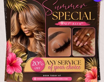 Summer Booking Flyer, June Booking Special, July Special Flyer, Summer Specials Flyer for Hairstylist, Braider, Nail Tech, MUA, DIY Editable