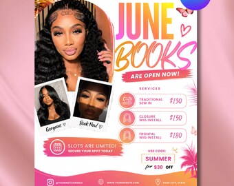 June Booking Appointment Flyer | Summer: Hair, Nails, Lashes, Makeup (Editable Canva Template)