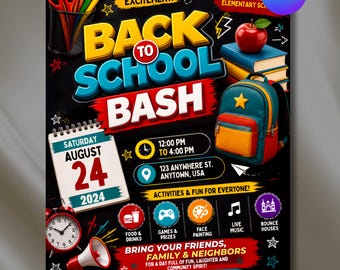 Back to School Bash Flyer Template, Editable Canva School Event Flyer, School Party Flyer, Flyer, DIY text, Instant download