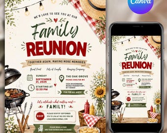 Family Reunion Invitation Template, BBQ Picnic Invite, Rustic Gingham Party, Canva Editable