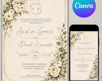 Editable Floral Wedding Invitation Template, Summer Wedding Invite, Elegant Botanical Design, Floral Watercolor Design, Wedding Invitation